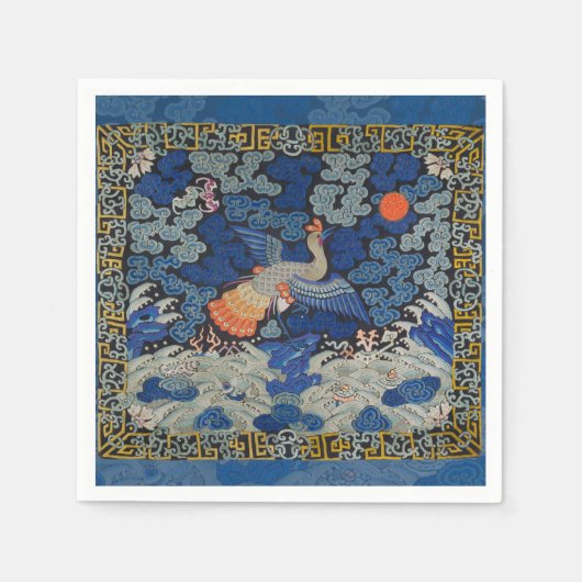 バードブルー中国の刺繍ヴィンテージ スタンダードカクテルナプキン (正面)