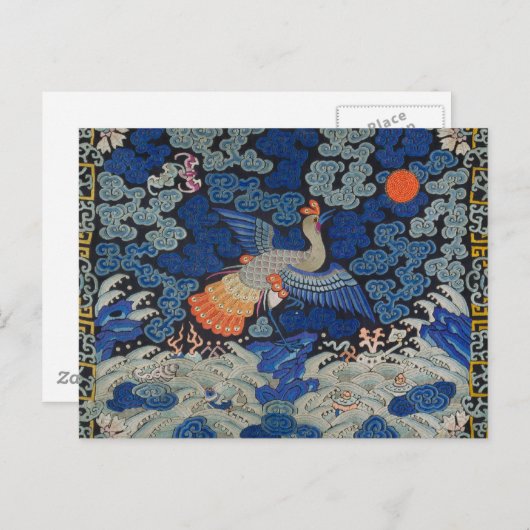 バードブルー中国の刺繍ヴィンテージ ポストカード (正面/裏面)
