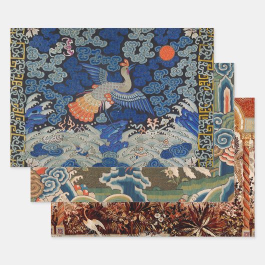 バードブルー中国の刺繍ヴィンテージ ラッピングペーパーシート (セット)