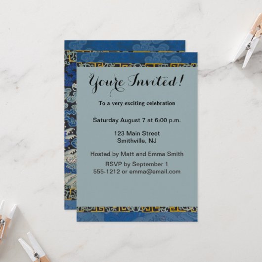 バードブルー中国の刺繍ヴィンテージ 招待状 (正面/裏面インサイチュ)