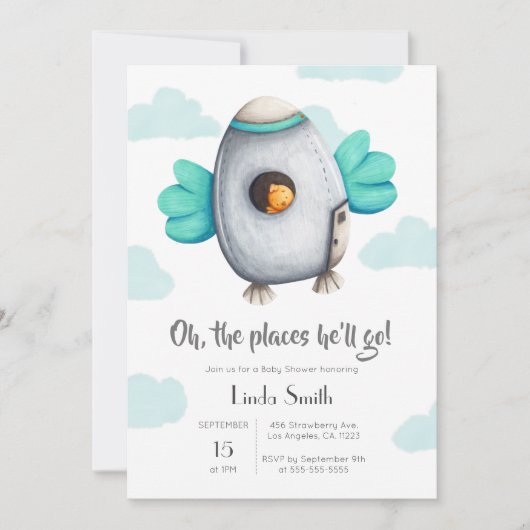 バードベビーシャワー付きの青と白の宇宙船 招待状 (正面)