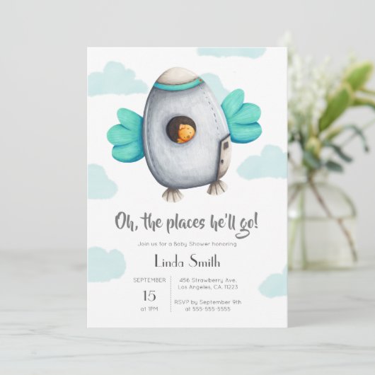 バードベビーシャワー付きの青と白の宇宙船 招待状 (スタンド正面)