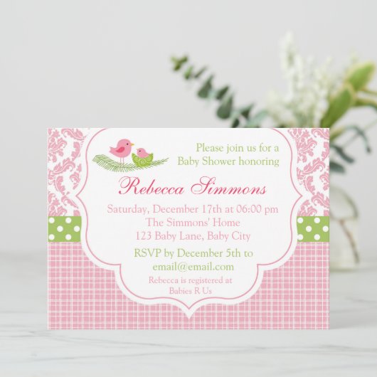 バードベビーシャワー招待状ガールダマスクピンクグリーン 招待状 (スタンド正面)