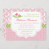 バードベビーシャワー招待状ガールダマスクピンクグリーン 招待状 (正面/裏面)