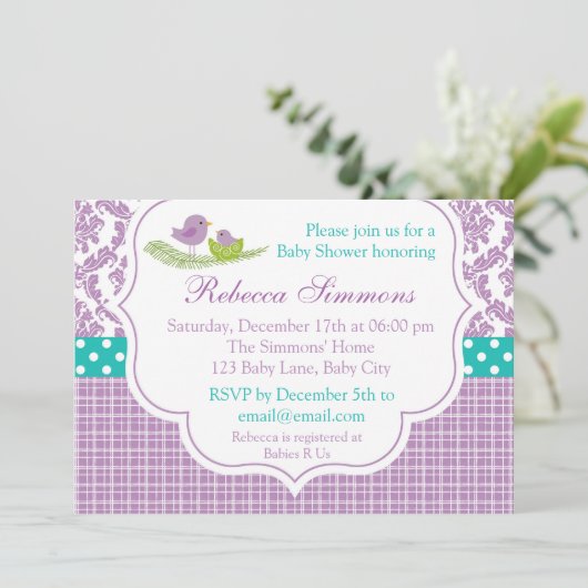 バードベビーシャワー招待状ニュートラルダマスクパープル 招待状 (スタンド正面)
