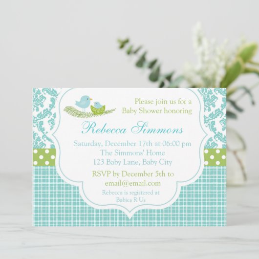 バードベビーシャワー招待状ボーイダマスクブルーグリーン 招待状 (スタンド正面)