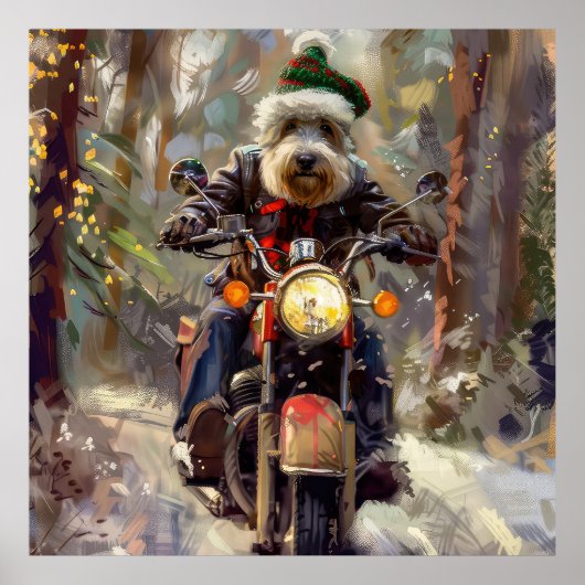 バーナドゥードル犬がバイクに乗るクリスマス ポスター (正面)