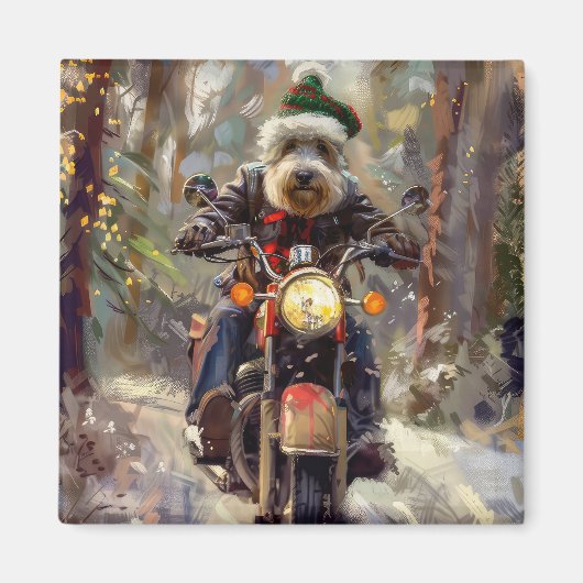 バーナドゥードル犬がバイクに乗るクリスマス マグネット (正面)
