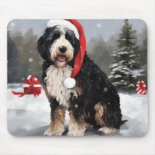 バーナドゥードル犬と雪のクリスマス マウスパッド (正面)
