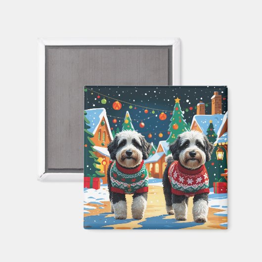 バーナドゥードル犬のクリスマス 雪の休日 マグネット (正面/裏面)