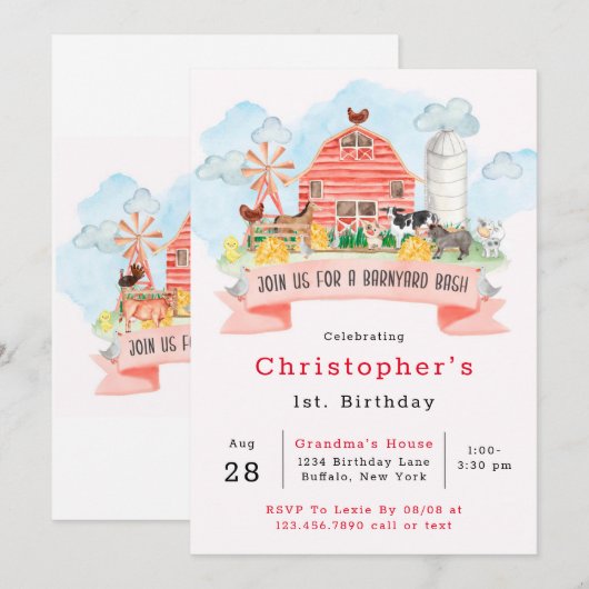 バーニャードバッシュ 農場の動物たち 1歳の誕生日パーティー 招待状 (正面/裏面)