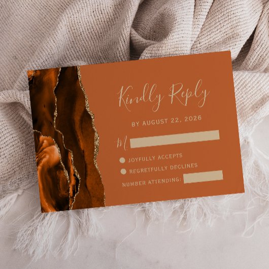 バーニングオレンジ アゲート ゴールド 結婚式 RSVP カード