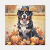 バーニーズマウンテンドッグと紅葉の感謝祭アート マグネット (正面)