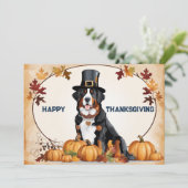 バーニーズ・マウンテン・ドッグのピルグリム帽子 感謝祭おめでとう シーズンカード (スタンド正面)