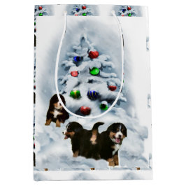 バーニーズ・マウンテン・ドッグの子犬 クリスマス ミディアムペーパーバッグ