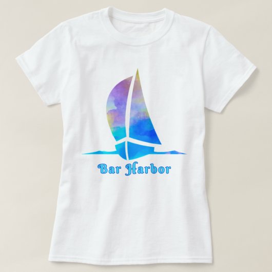 バーハーバーメインウォーターカラー海セーリングボート Tシャツ (デザイン正面)