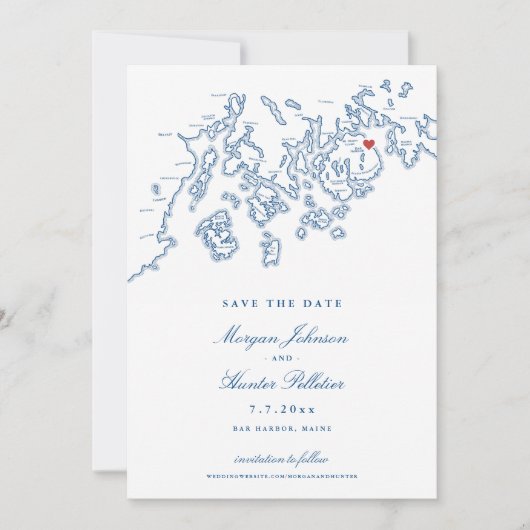 バーハーバーメーンマップネイビーブルーフォト セーブザデート (正面)