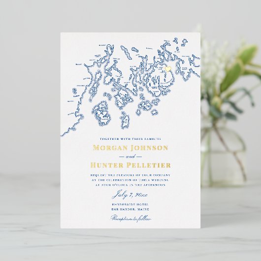 バーハーバー結婚メインエレガントズ海軍と金ゴールド 箔招待状 (立ち正面)