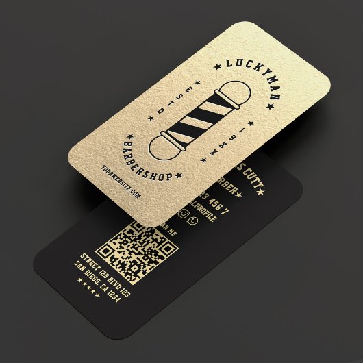 バーバークラシックショップエレガント金ゴールドブラック理容師ポール 名刺