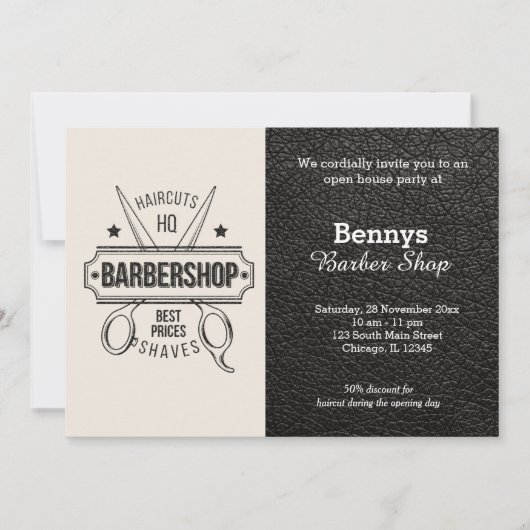 バーバーショップの革調デザイン オープンデー 招待状 (正面)