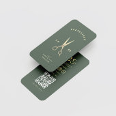 バーバーショップモノグラム金ゴールドはさみ理容師グリーン 名刺