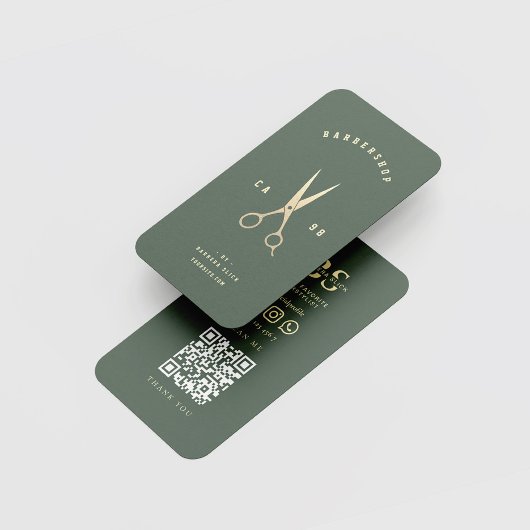 バーバーショップモノグラム金ゴールドはさみ理容師グリーン 名刺