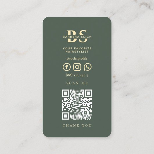 バーバーショップモノグラム金ゴールドはさみ理容師グリーン 名刺 (裏面)