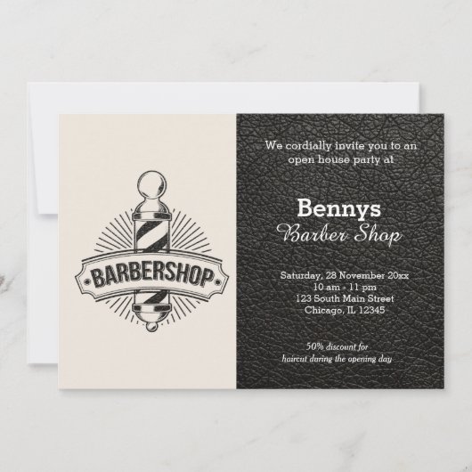 バーバーショップレザーはオープン日に見える 招待状 (正面)