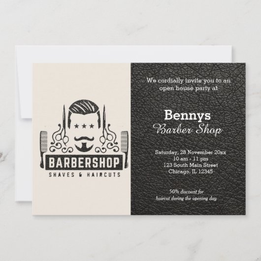 バーバーショップレザーはオープン日に見える 招待状 (正面)