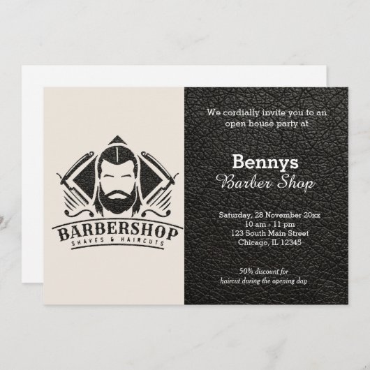バーバーショップレザーはオープン日に見える 招待状 (正面/裏面)