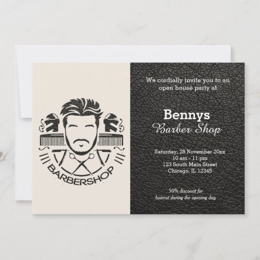 バーバーショップレザーはオープン日に見える 招待状 (正面)