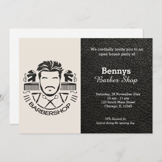 バーバーショップレザーはオープン日に見える 招待状 (正面/裏面)