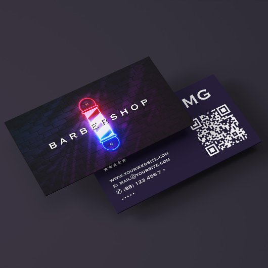 バーバーショップレトロ理容師ポール赤白青グロー 名刺