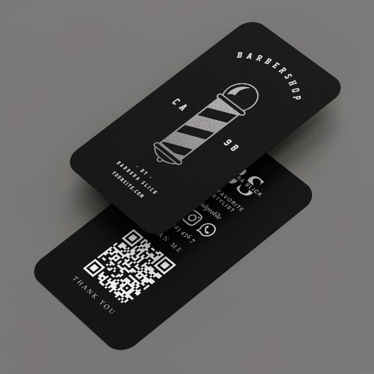 バーバーショップ理容師クラシックブラックシルバーポール 名刺