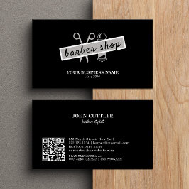バーバーショップ理容師QRコードモダンブラック 名刺