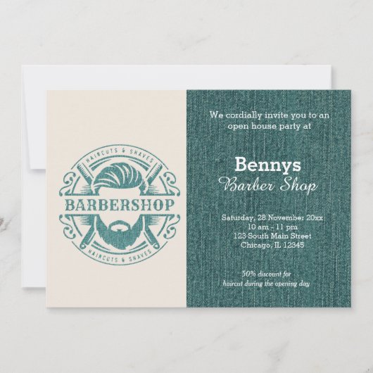 バーバーショップ ブルージーンズ テクスチャ オープン デー 招待状 (正面)