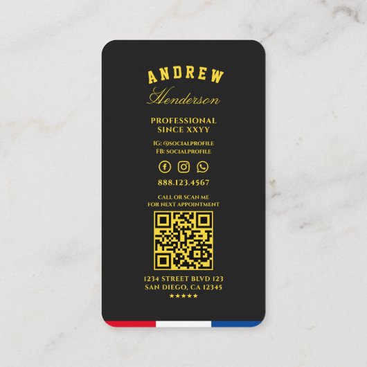 バーバーバーショップシザーズブラックイエローレッドモダンブルー 名刺 (裏面)