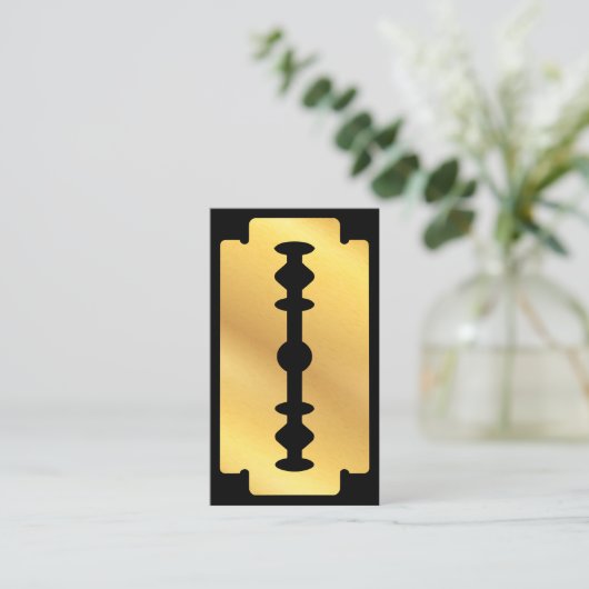 バーバーバーショップヘアブラック金ゴールドかみそり刃理容師店 名刺 (スタンド正面)