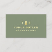 バーバーバーショップモノグラムセージグリーン金ゴールド理容師ポール 名刺 (正面)