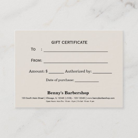 バーバーバーショップレザールックギフト証明書 割引カード (裏面)