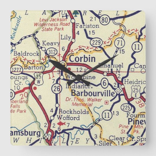 バーバービルKYヴィンテージマップ スクエア壁時計 (正面)