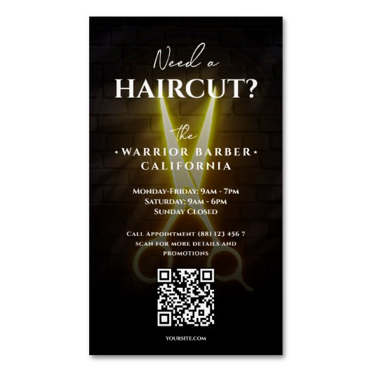 バーバーモダンショップヘアカット理容師開館時間 マグネット名刺 (正面縦)