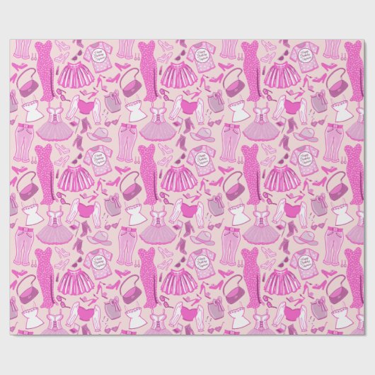 バービパーソナライズされたーコアピンクとホットピンクファッション ラッピングペーパー (フラット)