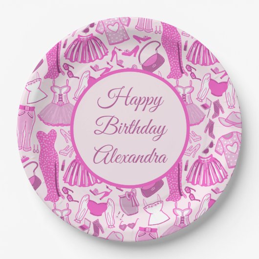 バービーコアピンクとホットピンクのファッションパターン ペーパープレート (正面)