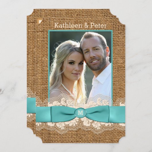 バーフェイクラップ、レース、ボウフォトウエディング招待-アクア 招待状 (正面/裏面)