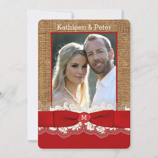 バーフェイクラップ，レース，ボウフォトウエディング招待，レッド3 招待状 (正面)