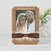 バーフェイクラップ、レース、ボウ写真ウェディング招待、ブラウン 招待状 (スタンド正面)