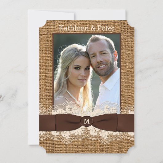 バーフェイクラップ、レース、ボウ写真ウェディング招待、ブラウン 招待状 (正面)