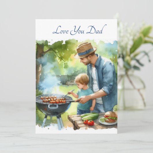 バーベキューの水彩画を描くかわいい父と息子 シーズンカード (スタンド正面)