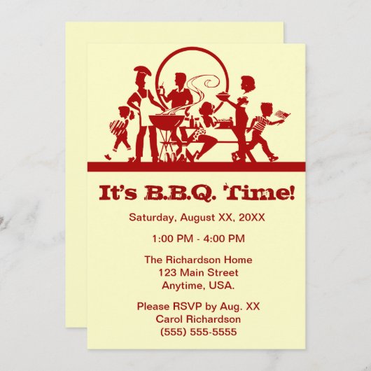バーベキューの調理師の赤およびクリームの家族 招待状 (正面/裏面)